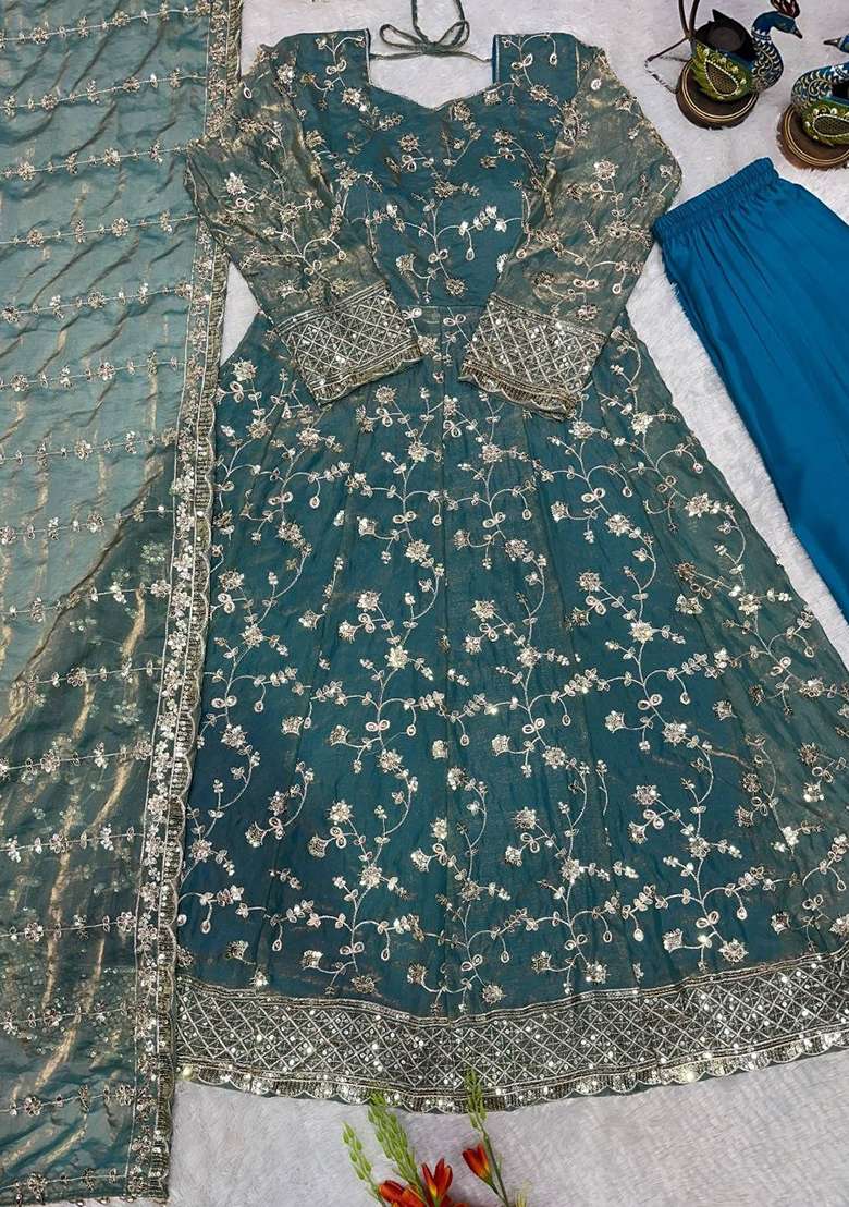 Blue Embroidery Silk Anarkali Gown Set - Indya