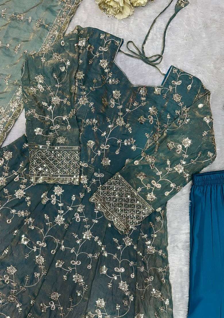 Blue Embroidery Silk Anarkali Gown Set - Indya