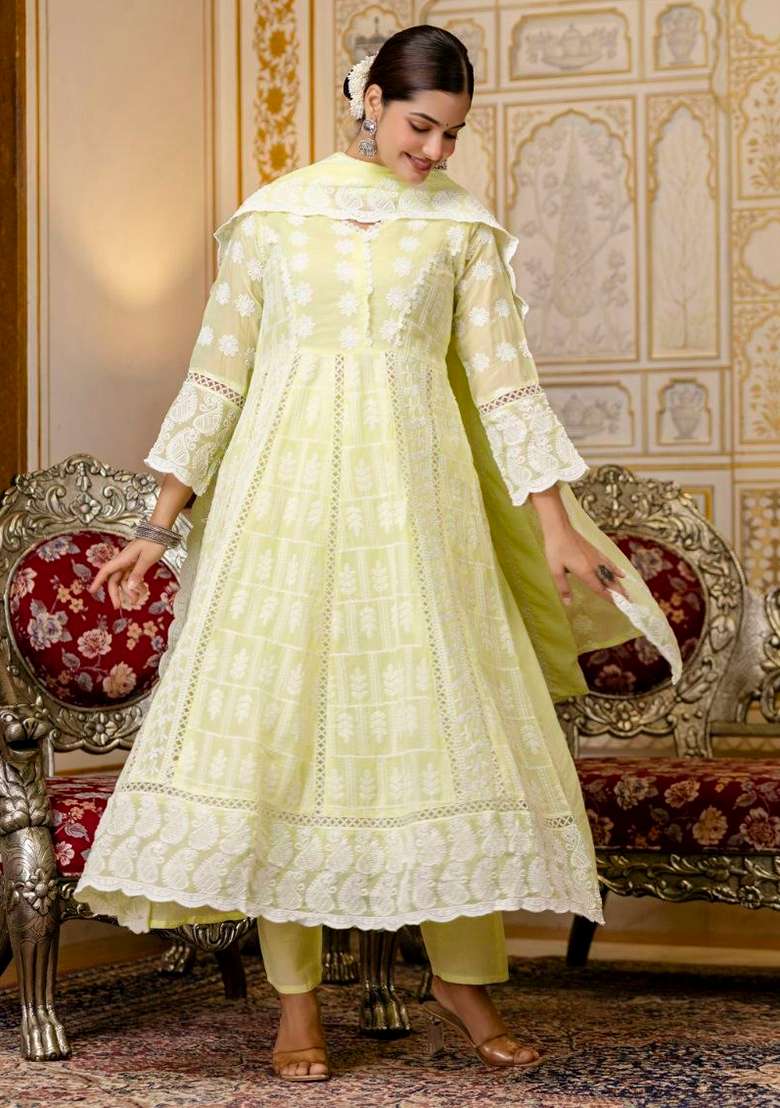 Yellow Embroidery Cotton Anarkali Gown Set - Indya