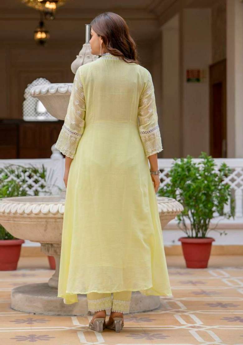 Yellow Embroidery Cotton Anarkali Gown Set - Indya