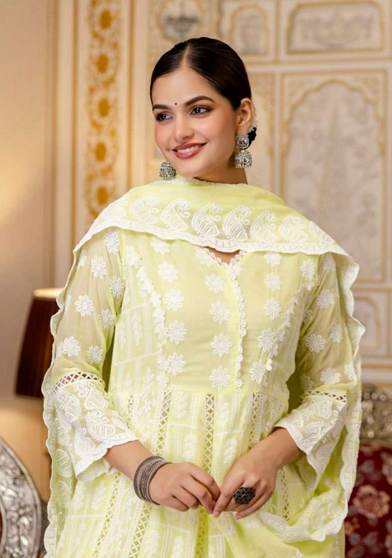 Yellow Embroidery Cotton Anarkali Gown Set - Indya