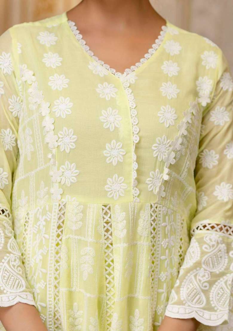 Yellow Embroidery Cotton Anarkali Gown Set - Indya