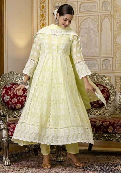Yellow Embroidery Cotton Anarkali Gown Set
