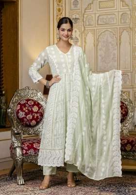 Green Embroidery Cotton Anarkali Gown Set
