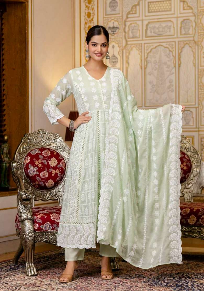 Green Embroidery Cotton Anarkali Gown Set - Indya