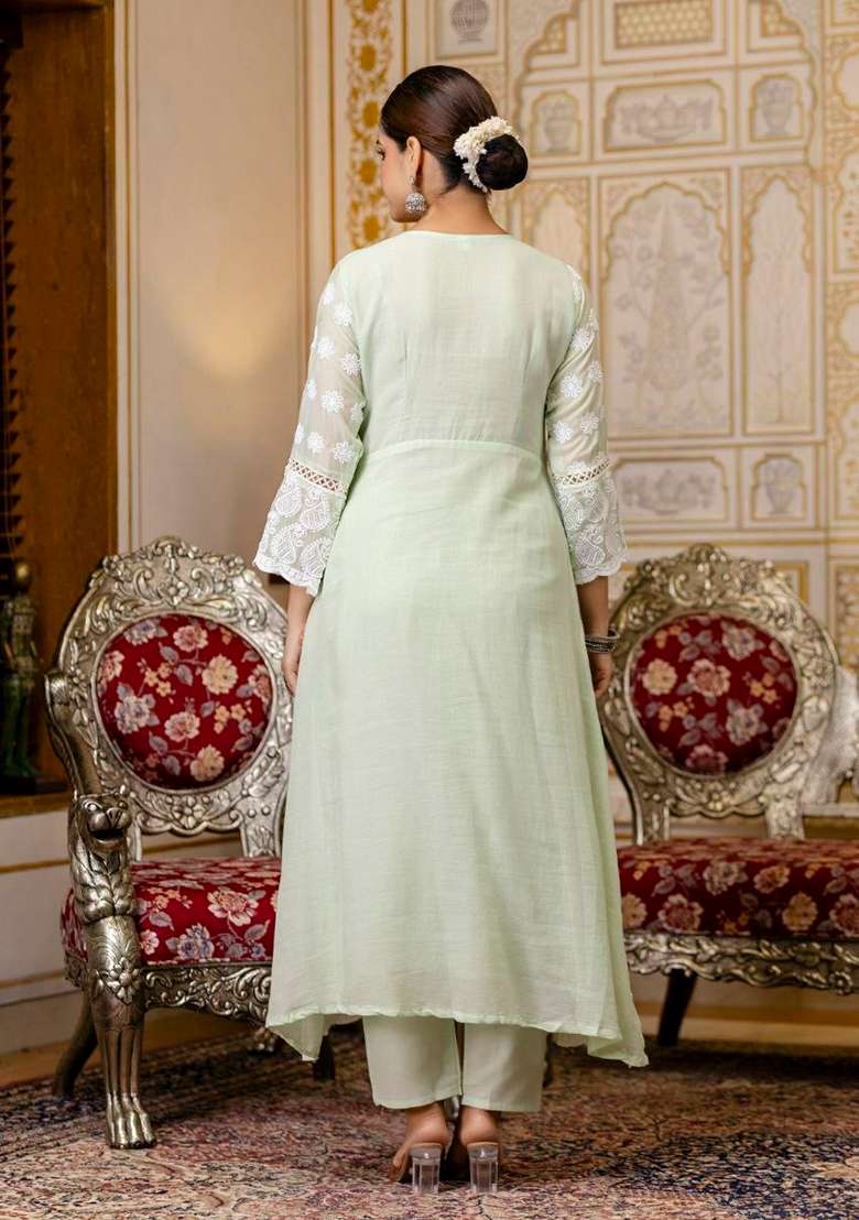 Green Embroidery Cotton Anarkali Gown Set - Indya