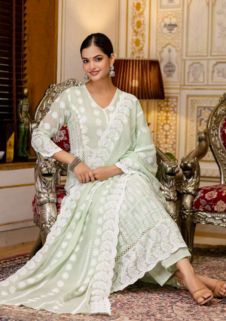Green Embroidery Cotton Anarkali Gown Set - Indya