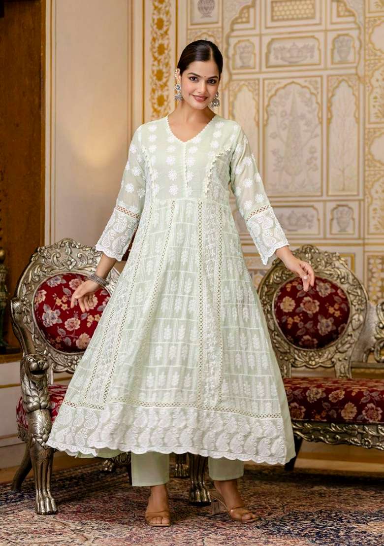 Green Embroidery Cotton Anarkali Gown Set - Indya