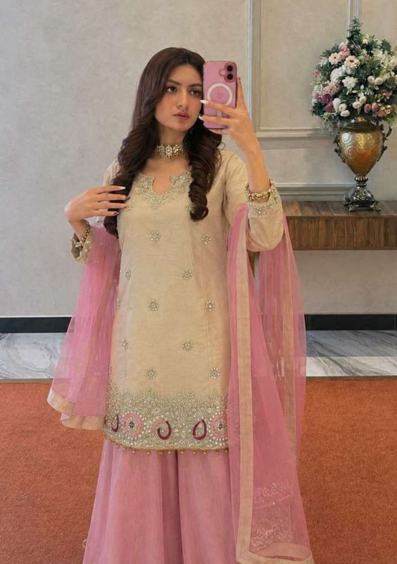 Pink Embroidery Silk Salwar Suit Set - Indya