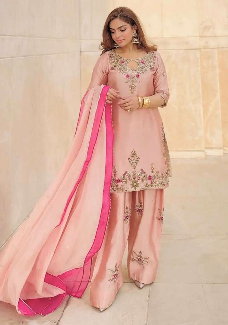 Pink Embroidery Silk Salwar Suit Set - Indya
