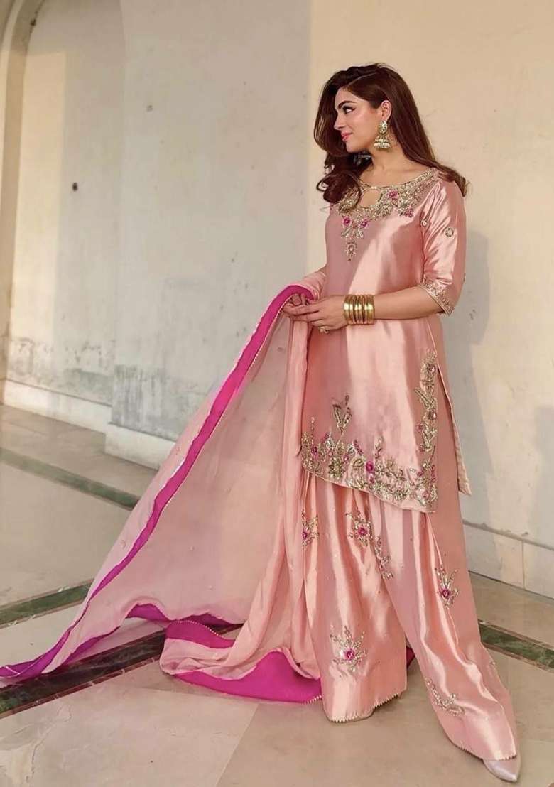 Pink Embroidery Silk Salwar Suit Set - Indya