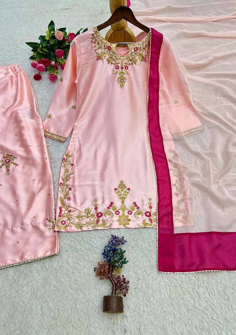 Pink Embroidery Silk Salwar Suit Set - Indya