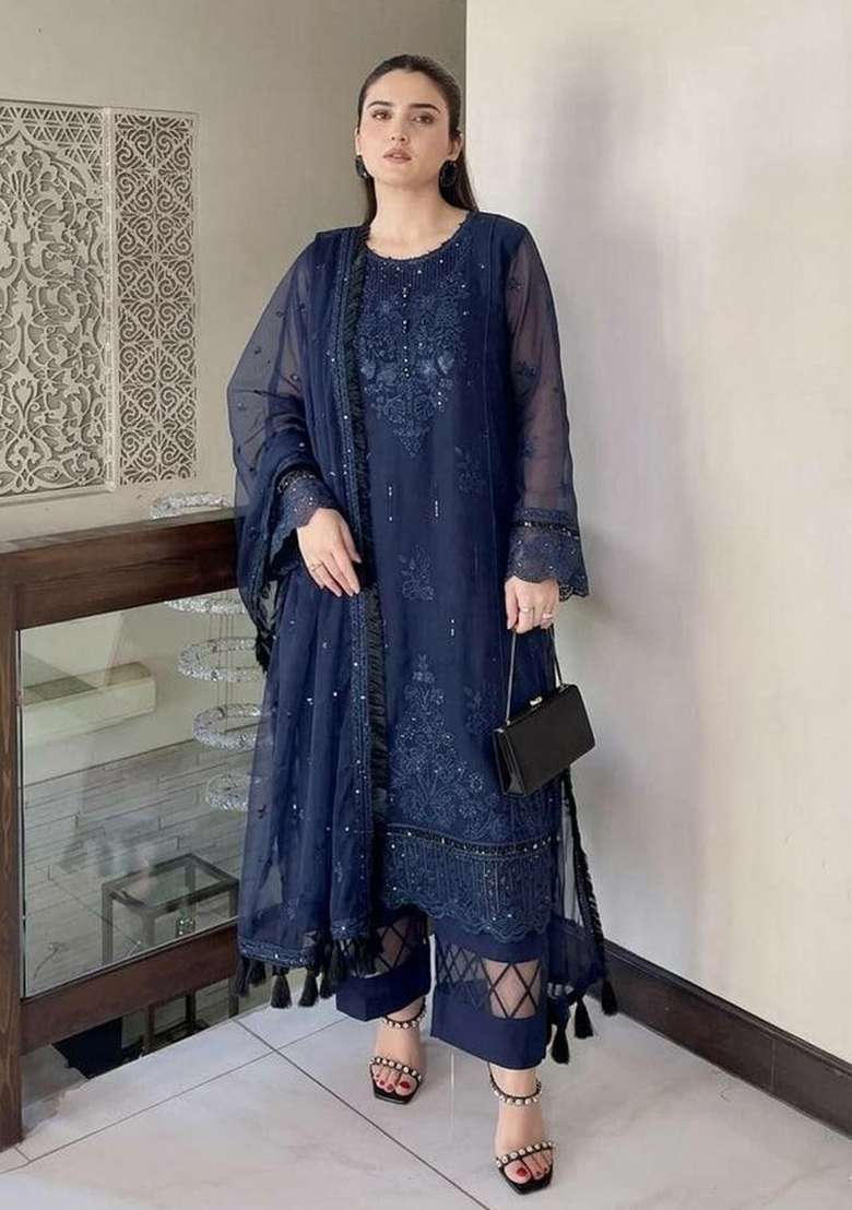 Blue Embroidery Organza Salwar Suit Set - Indya