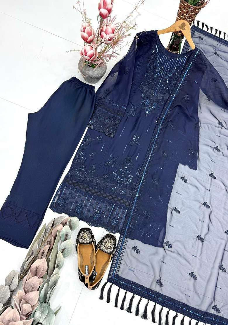 Blue Embroidery Organza Salwar Suit Set - Indya