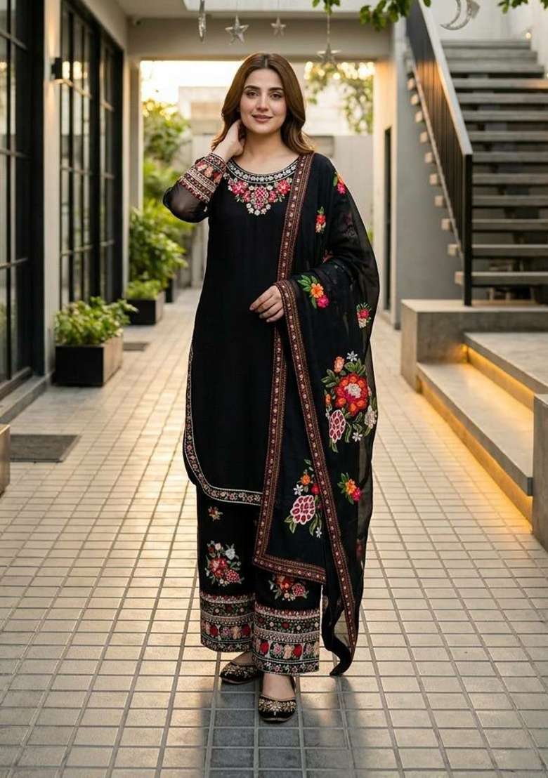 Black Embroidery Georgette Salwar Suit Set - Indya