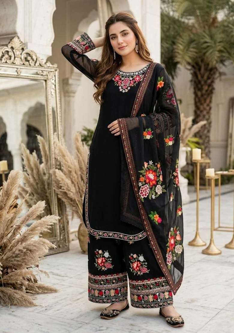 Black Embroidery Georgette Salwar Suit Set - Indya
