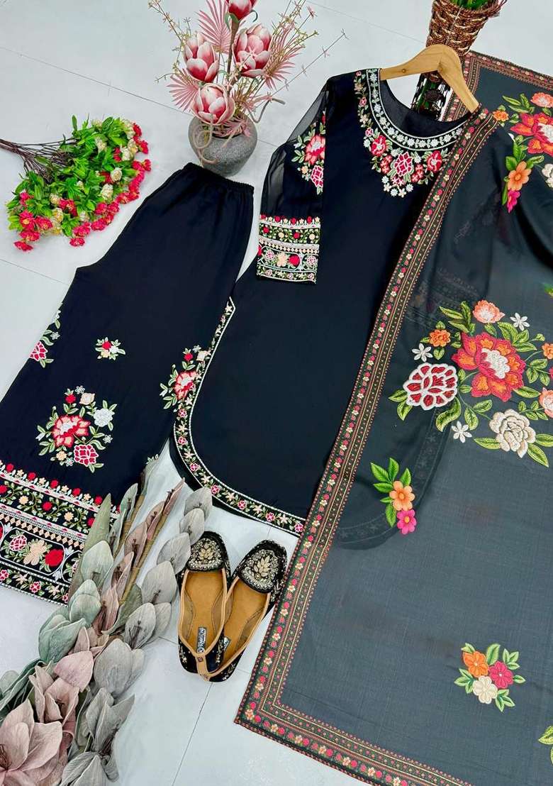 Black Embroidery Georgette Salwar Suit Set - Indya