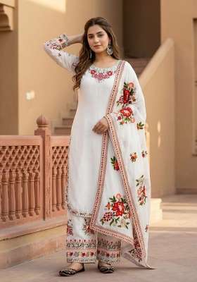 White Embroidery Georgette Salwar Suit Set