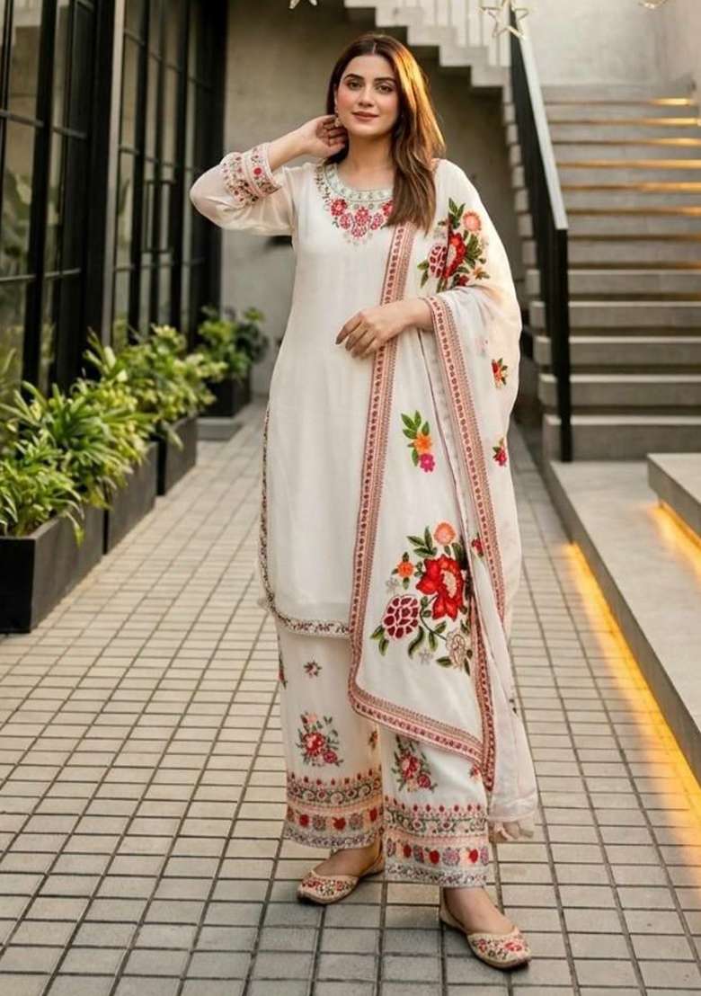White Embroidery Georgette Salwar Suit Set - Indya