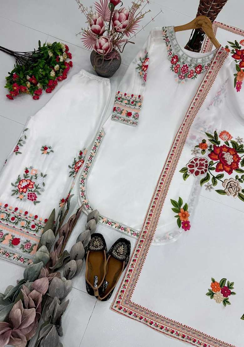White Embroidery Georgette Salwar Suit Set - Indya