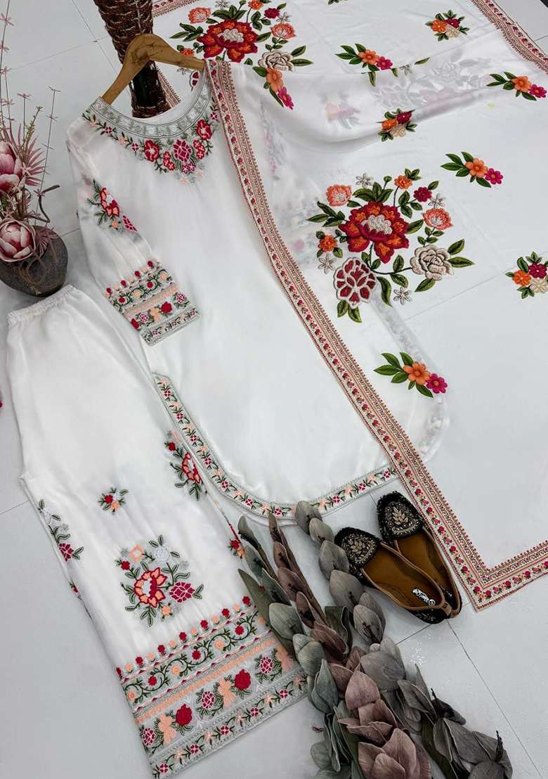 White Embroidery Georgette Salwar Suit Set - Indya