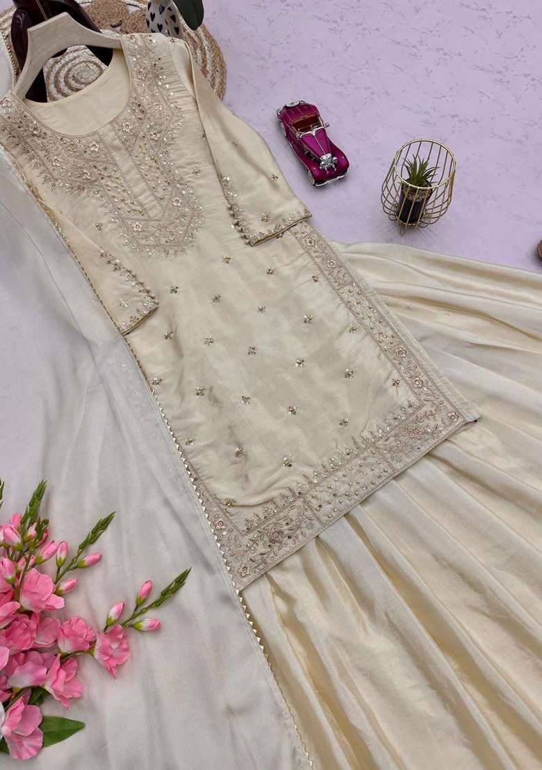 White Embroidery Silk Salwar Suit Set - Indya