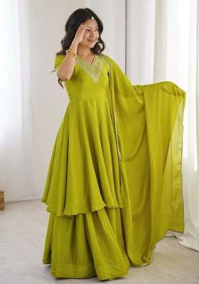 Lime Green Embroidery Silk Salwar Suit Set