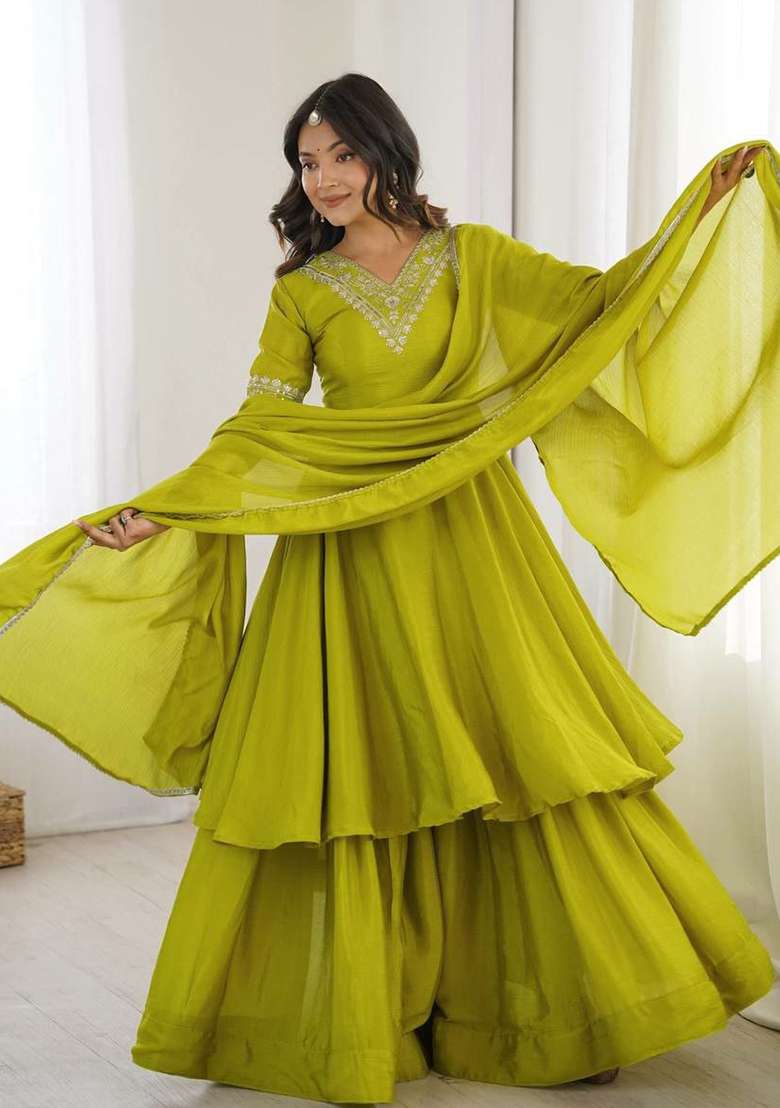 Lime Green Embroidery Silk Salwar Suit Set - Indya