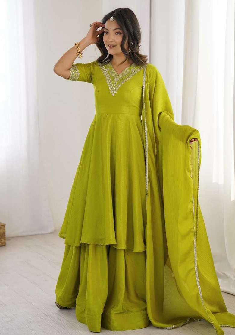 Lime Green Embroidery Silk Salwar Suit Set - Indya
