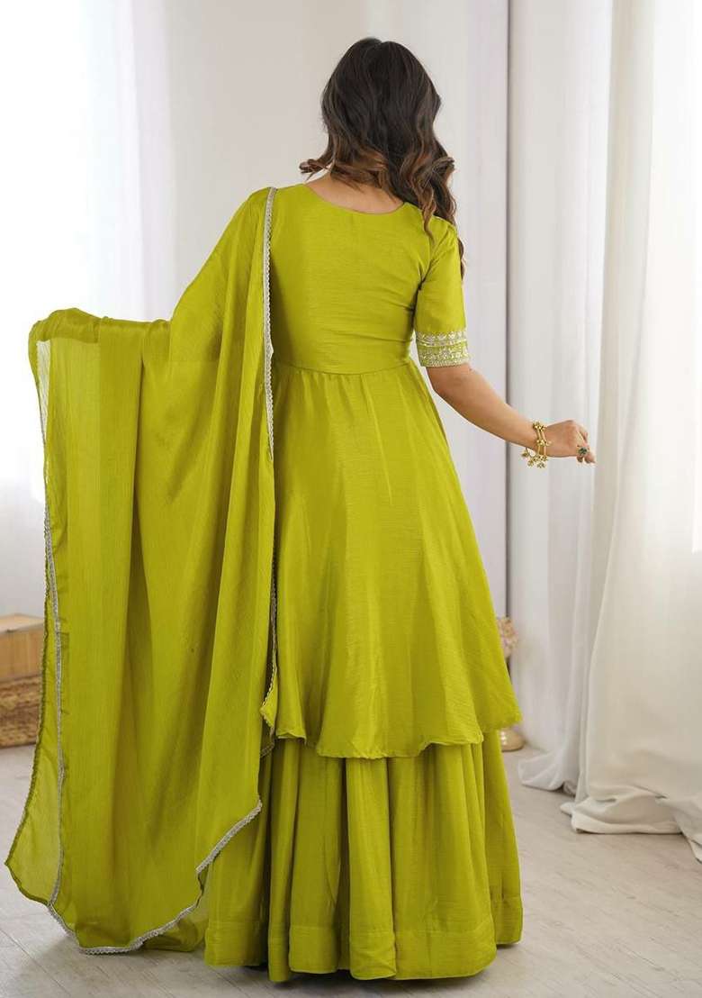 Lime Green Embroidery Silk Salwar Suit Set - Indya