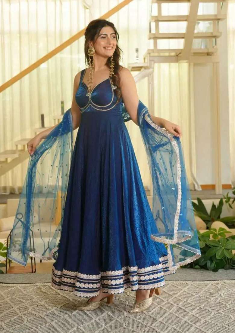 Blue Lace Work Silk Salwar Suit Set - Indya