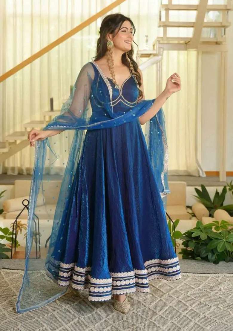 Blue Lace Work Silk Salwar Suit Set - Indya