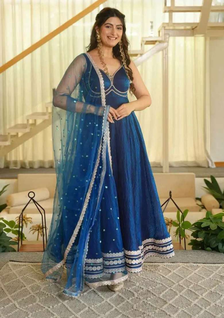 Blue Lace Work Silk Salwar Suit Set - Indya