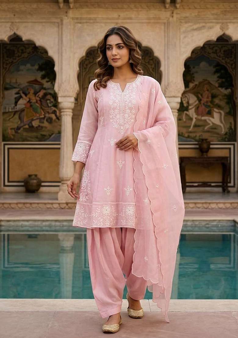 Pink Embroidery Silk Salwar Suit Set - Indya