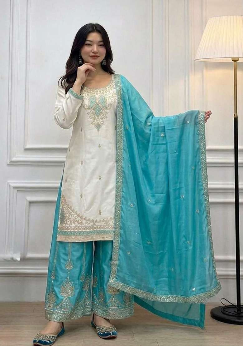 Sky Blue Embroidery Silk Salwar Suit Set - Indya