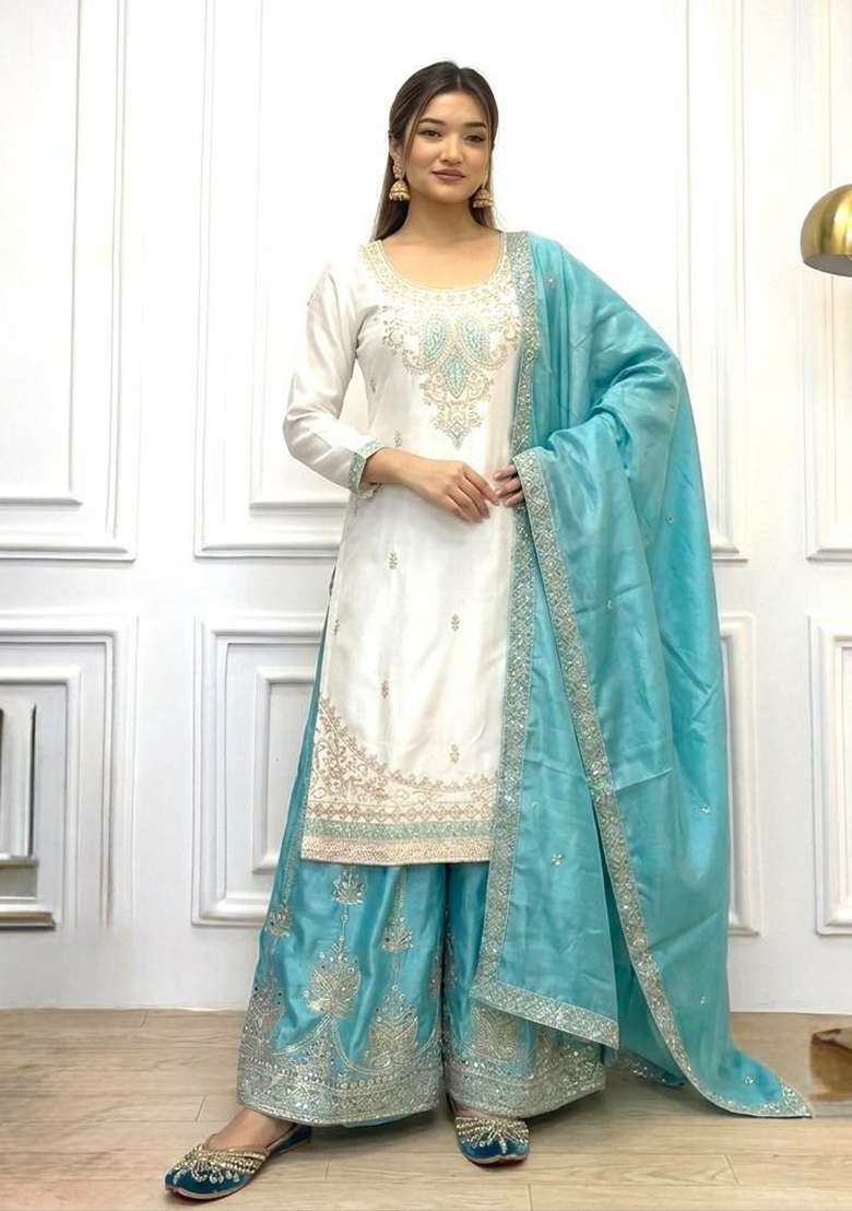 Sky Blue Embroidery Silk Salwar Suit Set - Indya