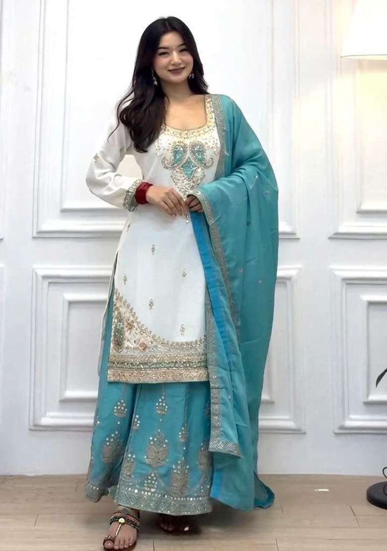 Sky Blue Embroidery Silk Salwar Suit Set - Indya