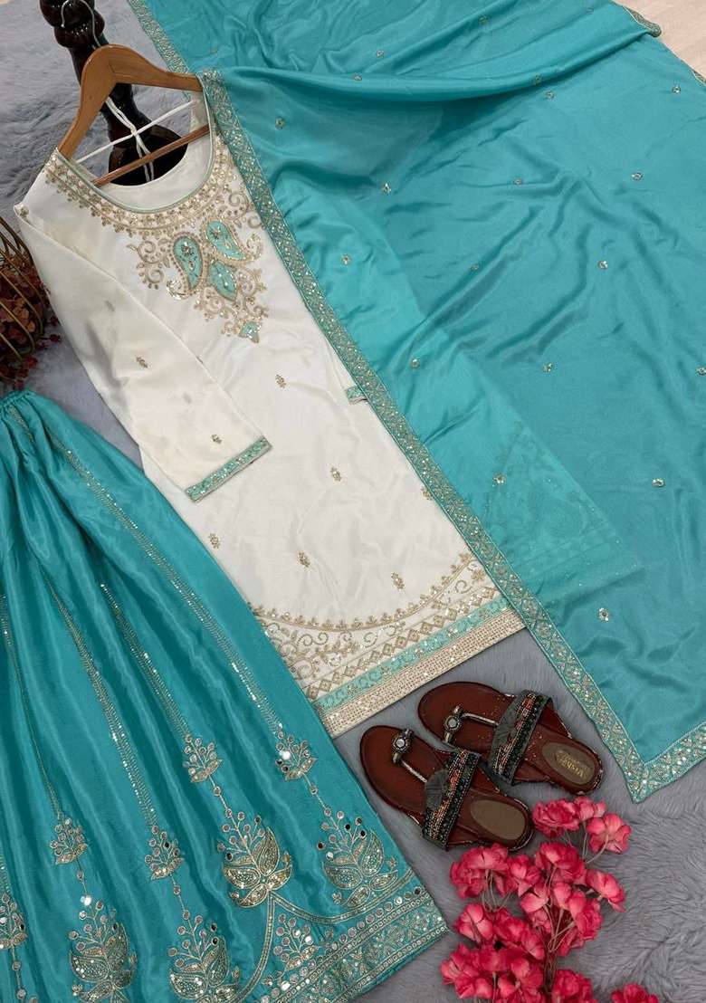 Sky Blue Embroidery Silk Salwar Suit Set - Indya