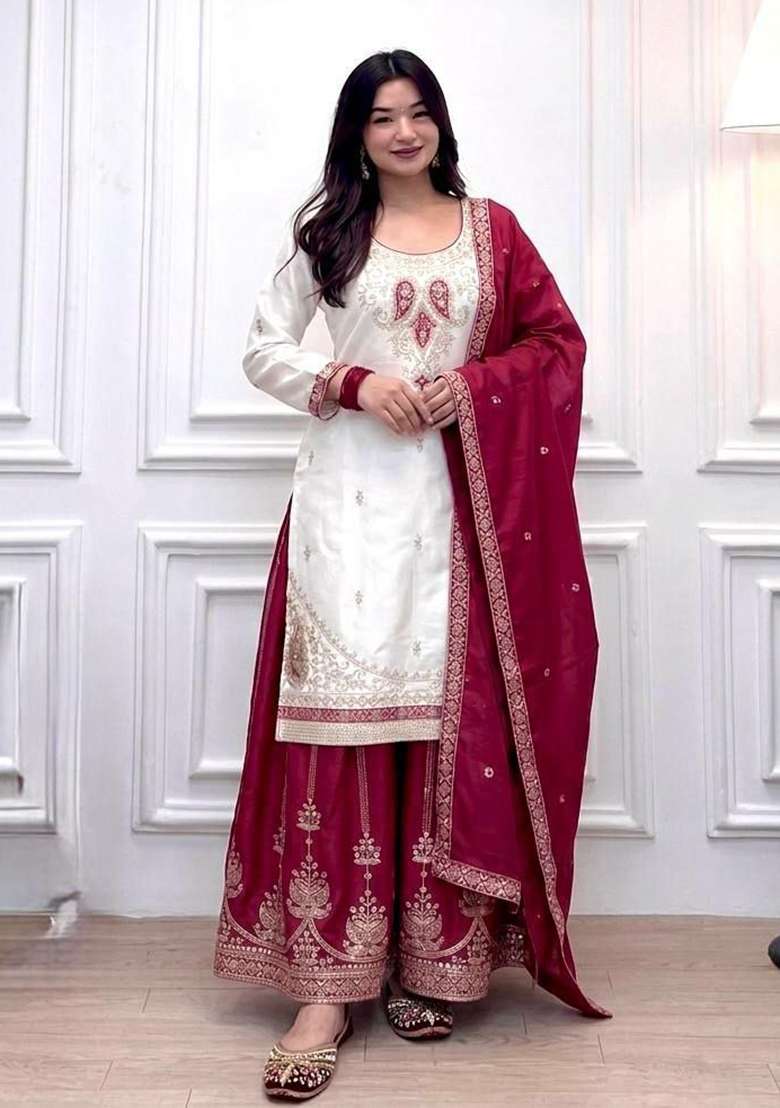 Red Embroidery Silk Salwar Suit Set - Indya