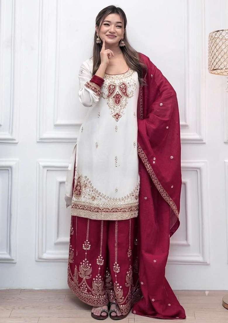 Red Embroidery Silk Salwar Suit Set - Indya