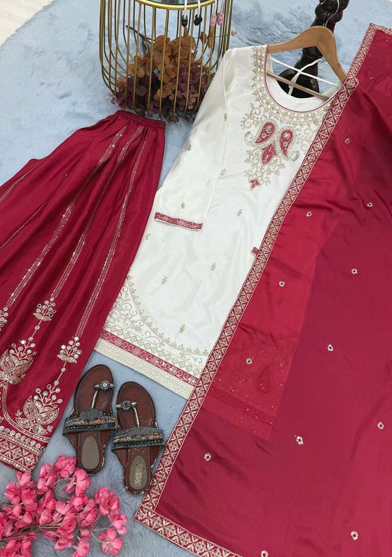 Red Embroidery Silk Salwar Suit Set - Indya
