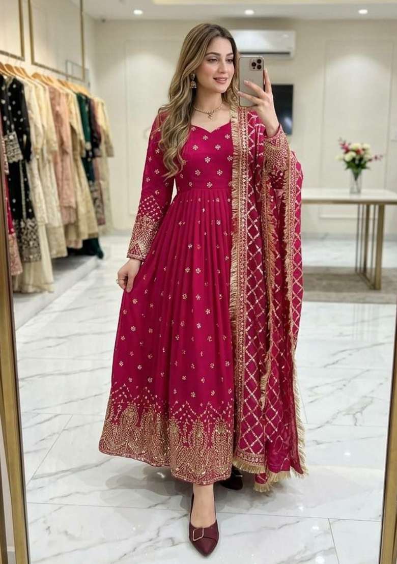 Pink Embroidery Georgette Anarkali Gown Set - Indya