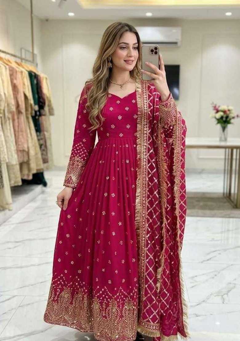 Pink Embroidery Georgette Anarkali Gown Set - Indya