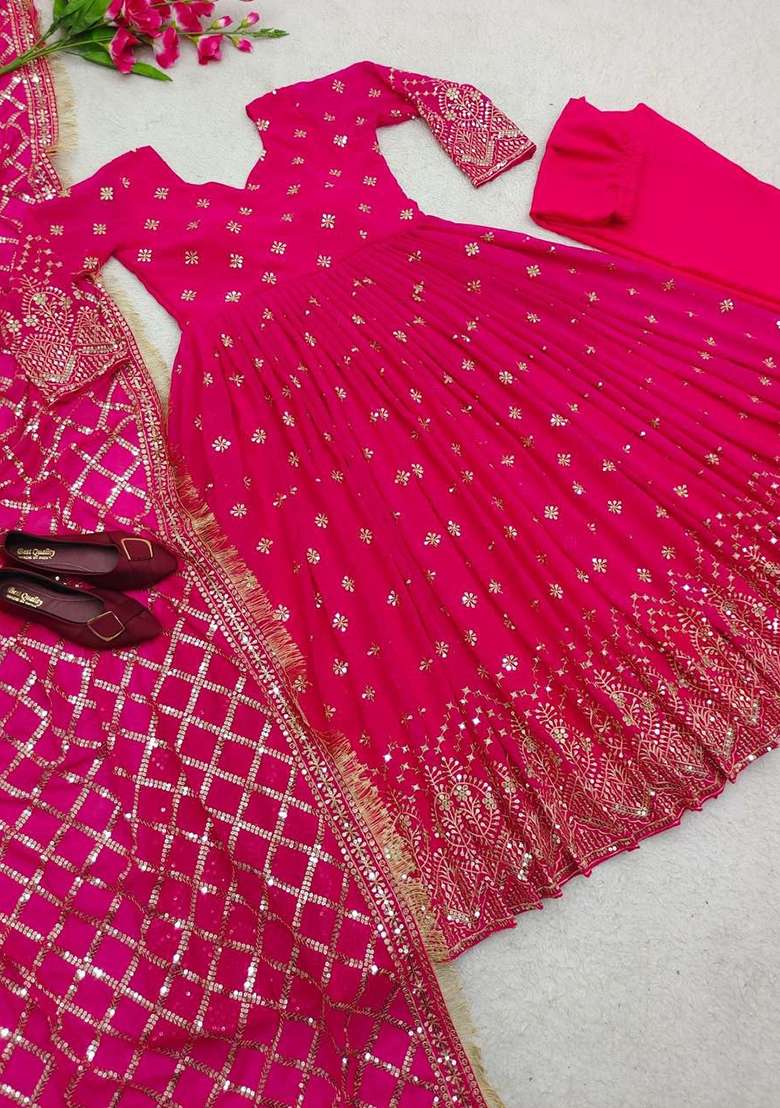 Pink Embroidery Georgette Anarkali Gown Set - Indya
