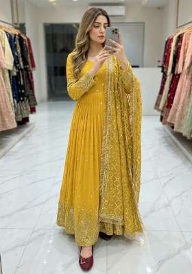 Yellow Embroidery Georgette Anarkali Gown Set