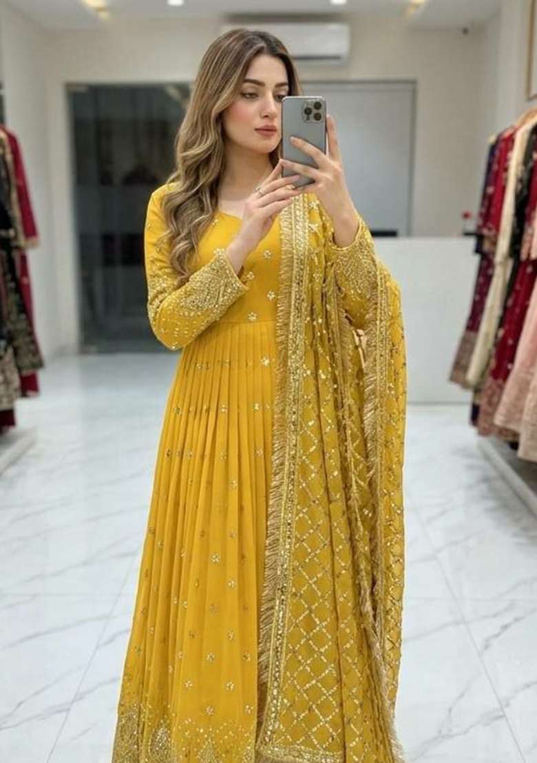 Yellow Embroidery Georgette Anarkali Gown Set - Indya