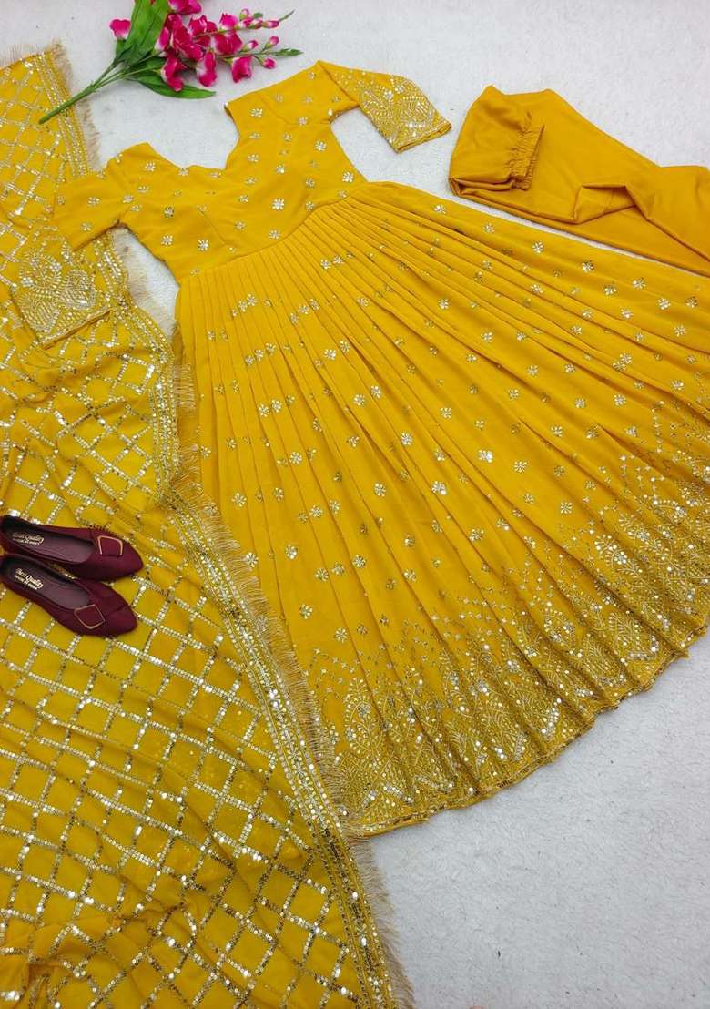 Yellow Embroidery Georgette Anarkali Gown Set - Indya