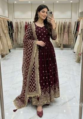 Wine Embroidery Georgette Anarkali Gown Set