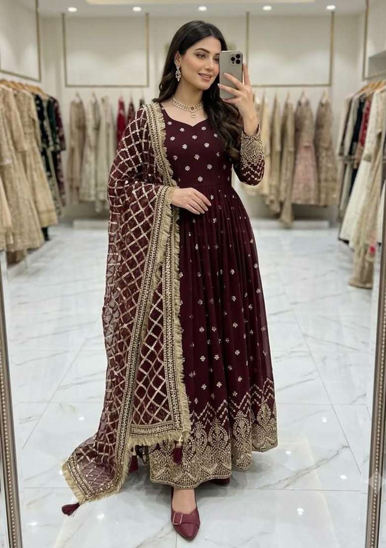 Wine Embroidery Georgette Anarkali Gown Set - Indya