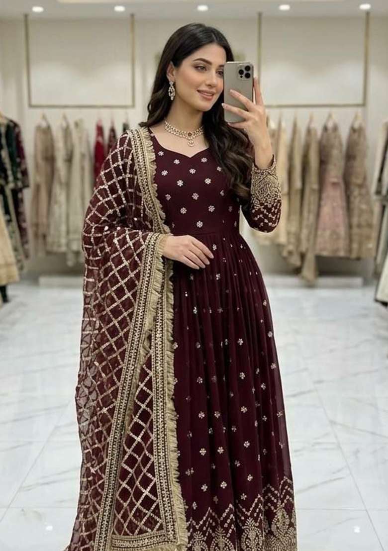 Wine Embroidery Georgette Anarkali Gown Set - Indya